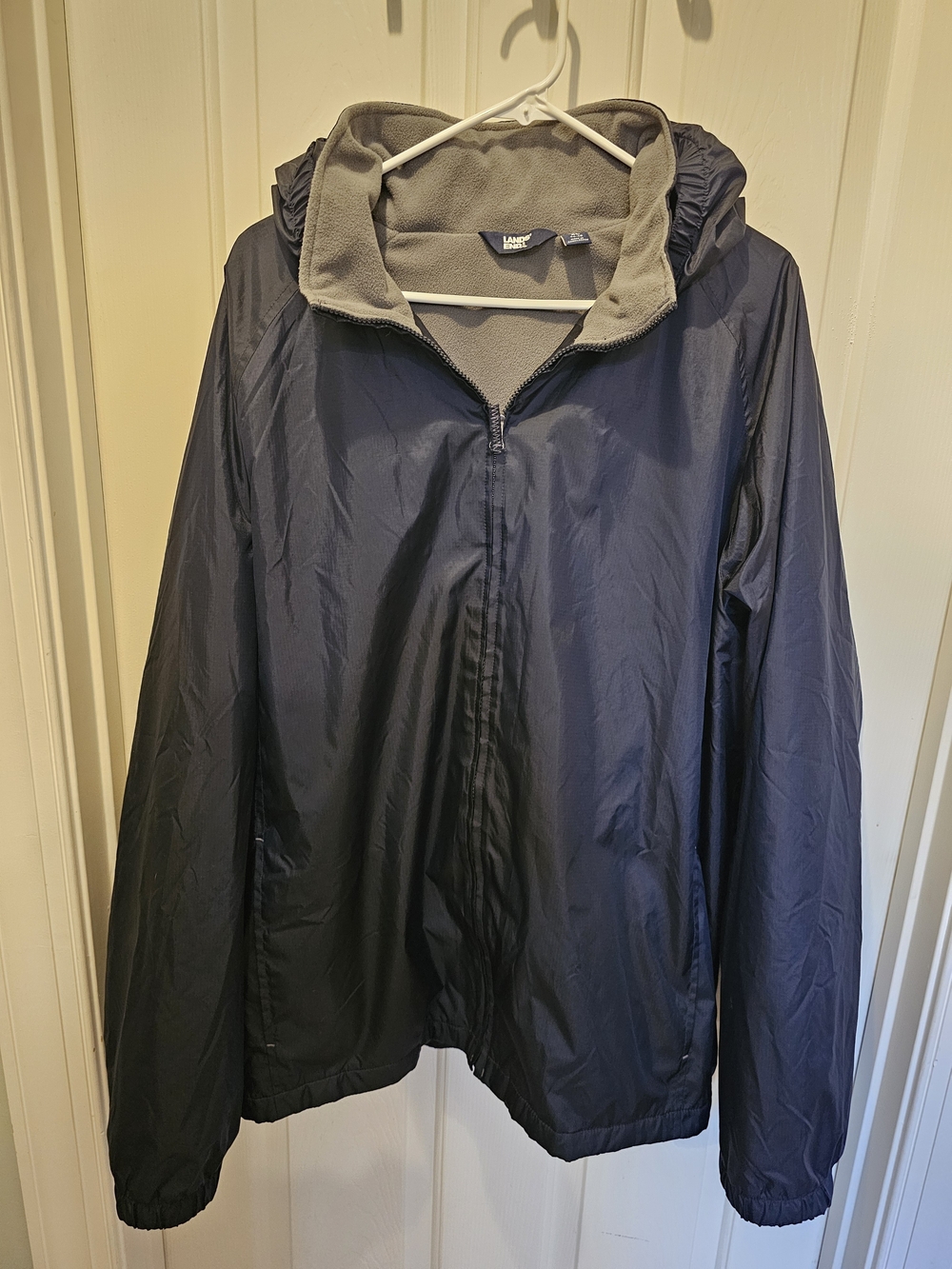 Lands' End Navy Hooded Raincoat with Gray Fleece Lining